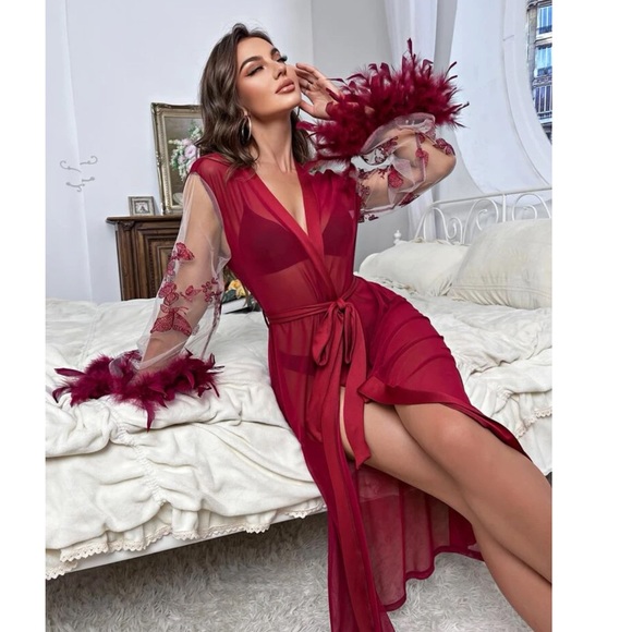 Butterfly and Floral Embroidered Feather Belted Robe π - Picture 5 of 7